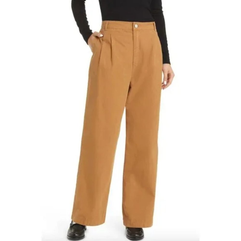 FRAME Pleated Front Wide Leg Chinos Trousers Camel